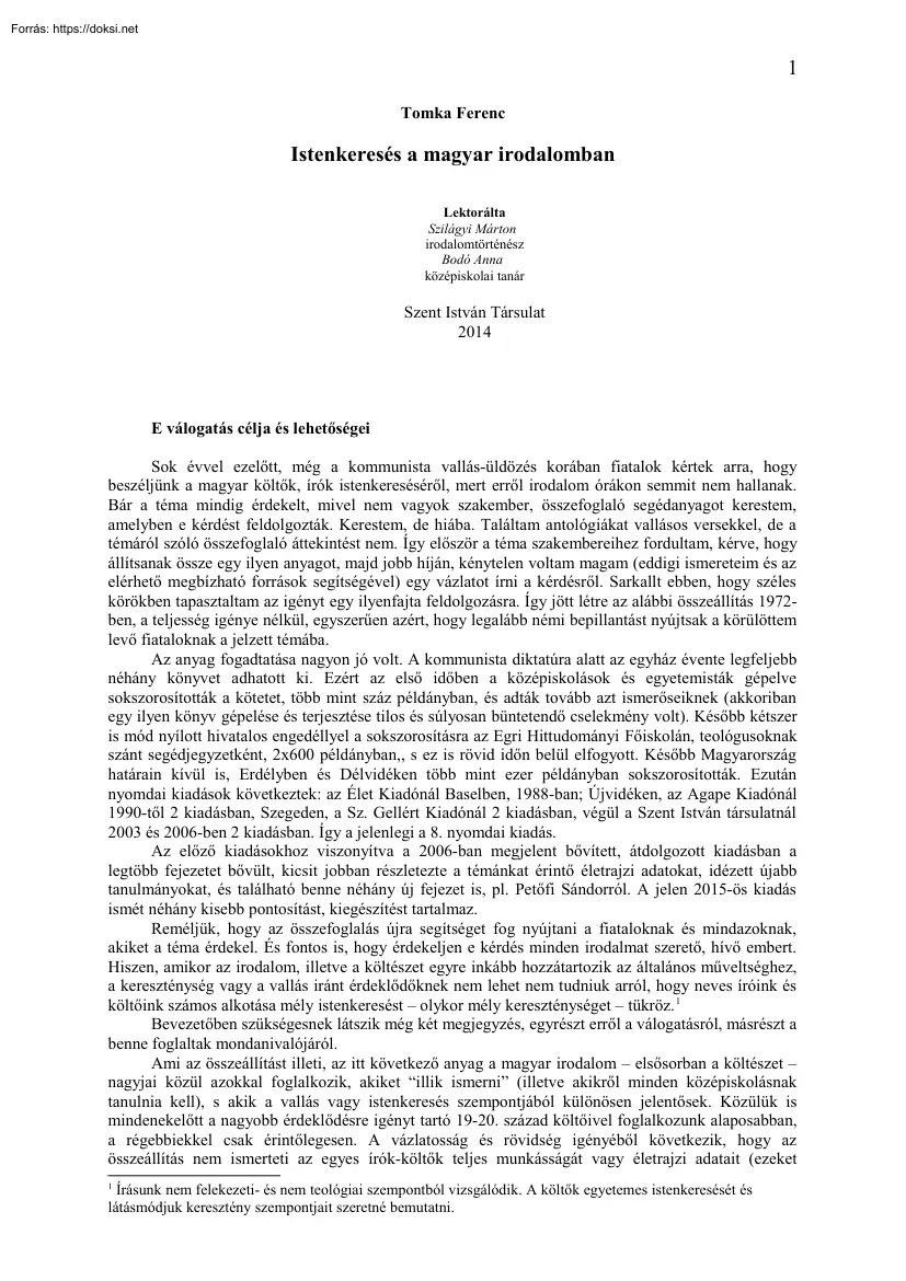Tomka Ferenc - Istenkeresés a magyar irodalomban