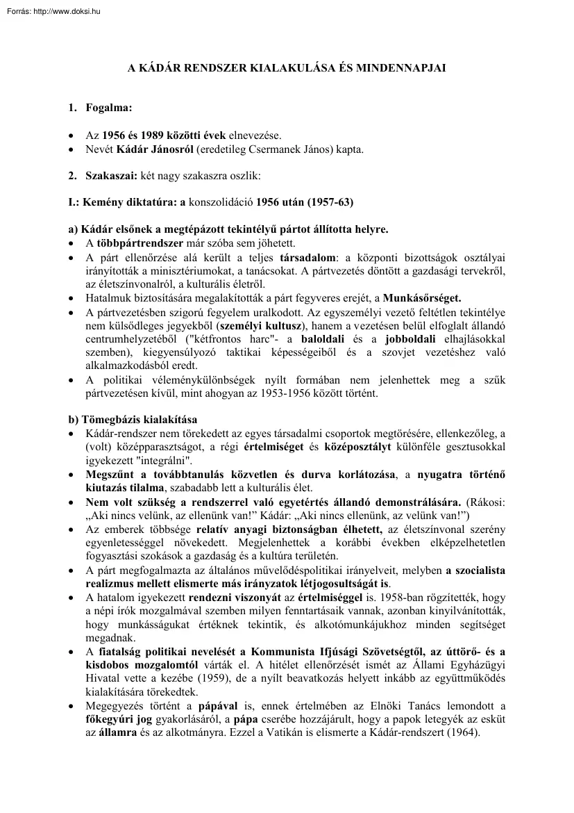 A Kádár-rendszer kialakulása és mindennapjai