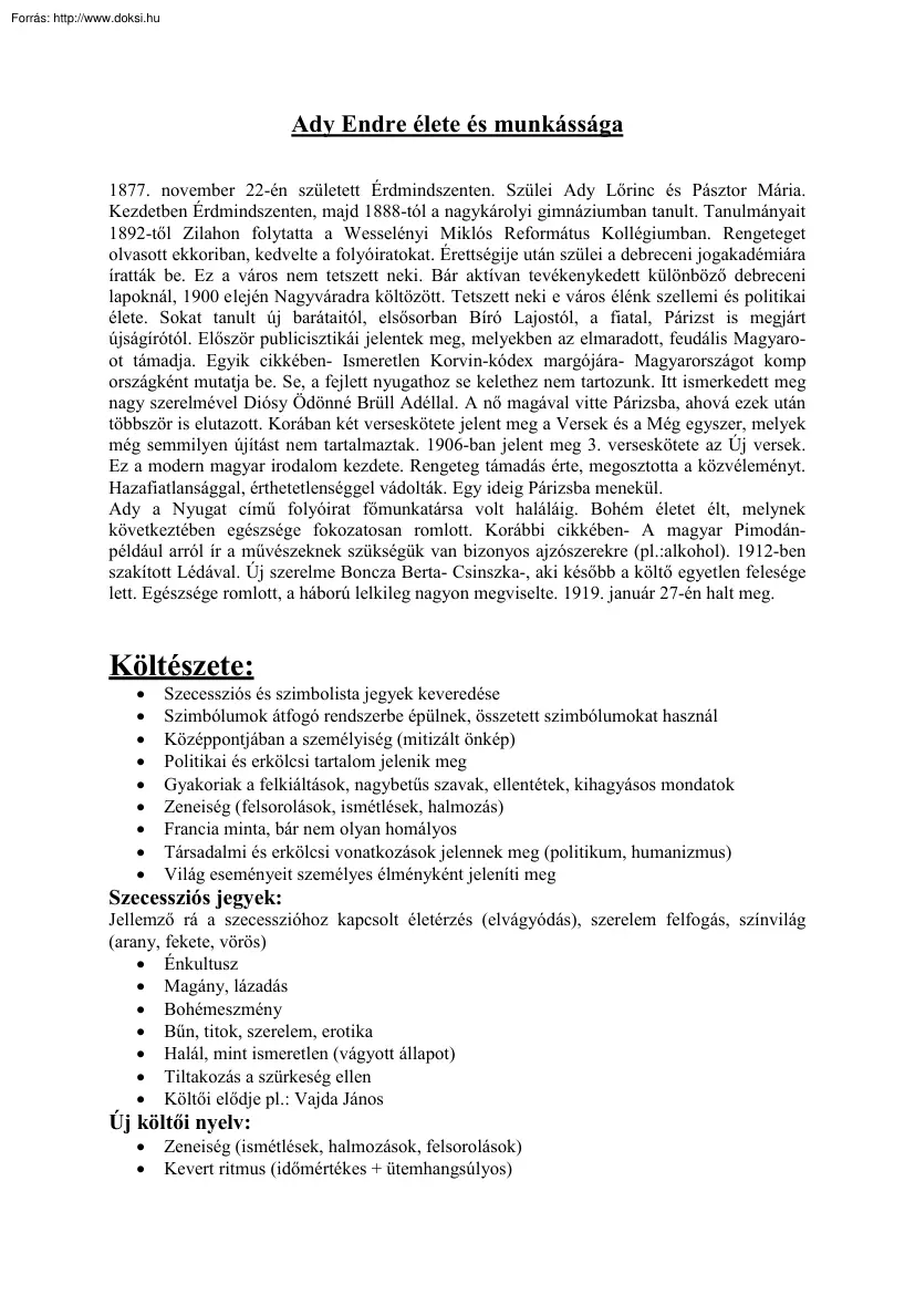 Ady Endre élete és munkássága