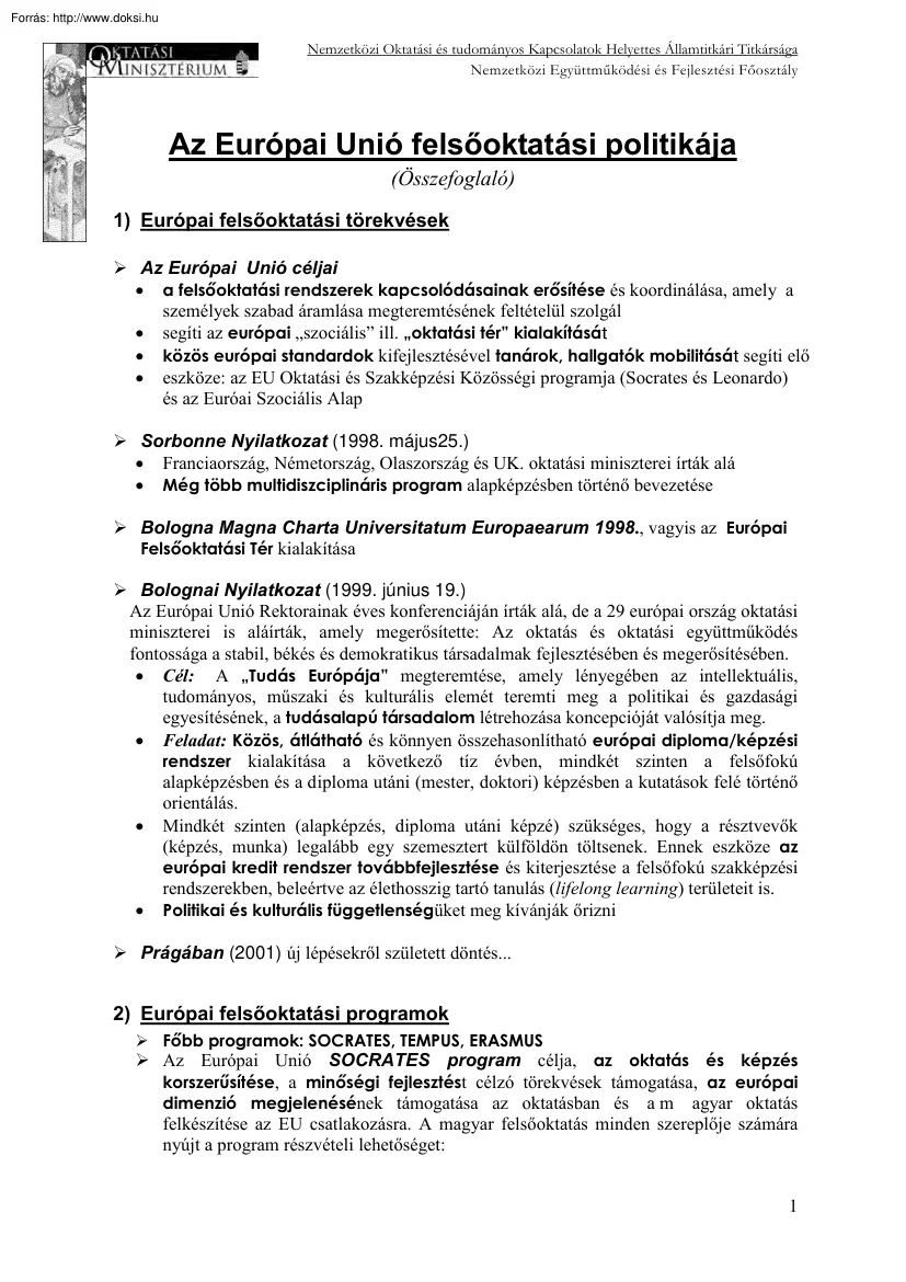 Az Európai Unió felsőoktatási politikája (összefoglaló)
