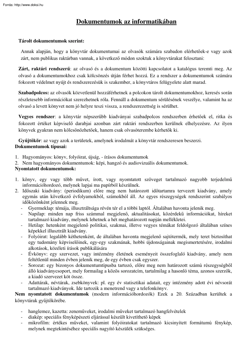 Dokumentumok az informatikában