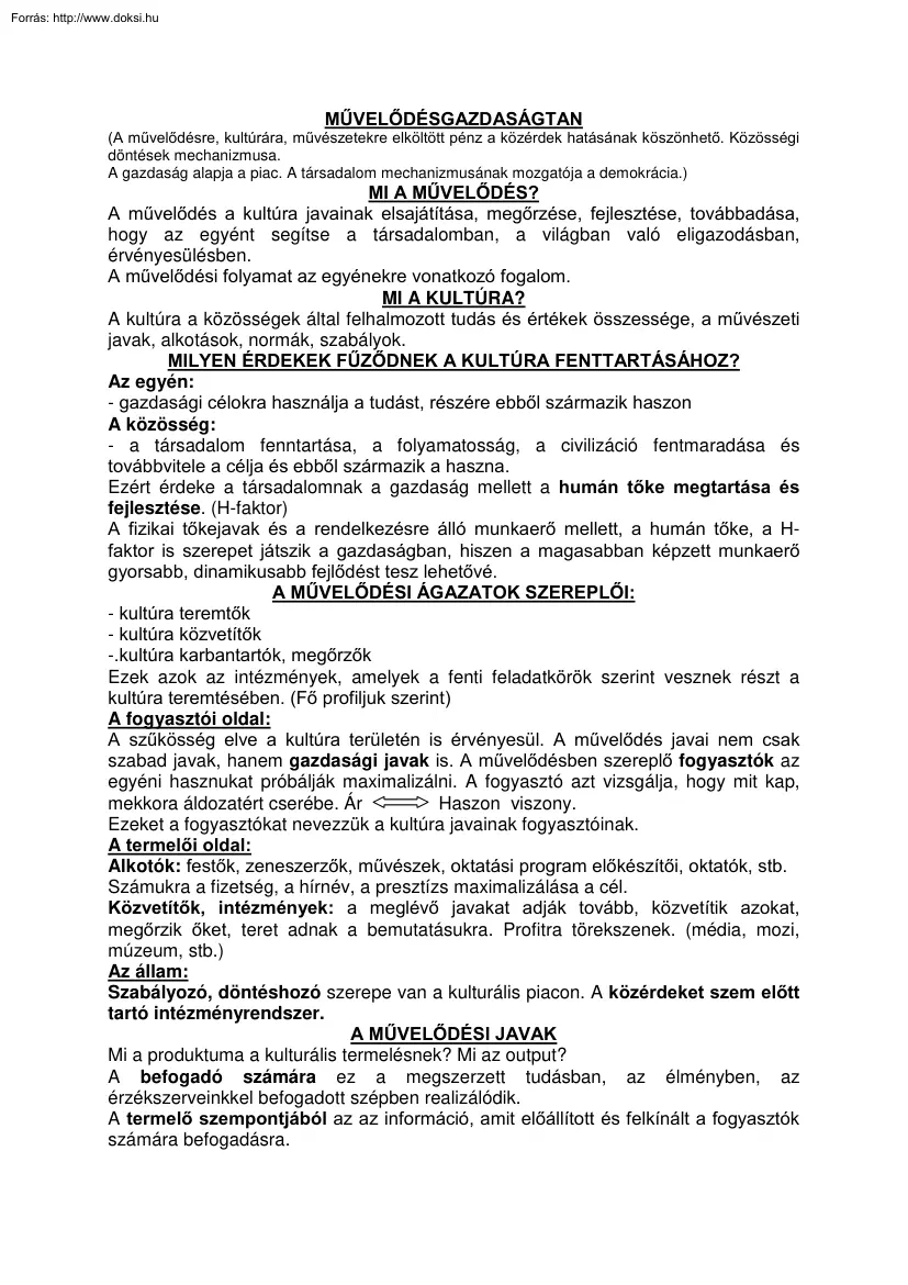 Művelődésgazdaságtan jegyzet