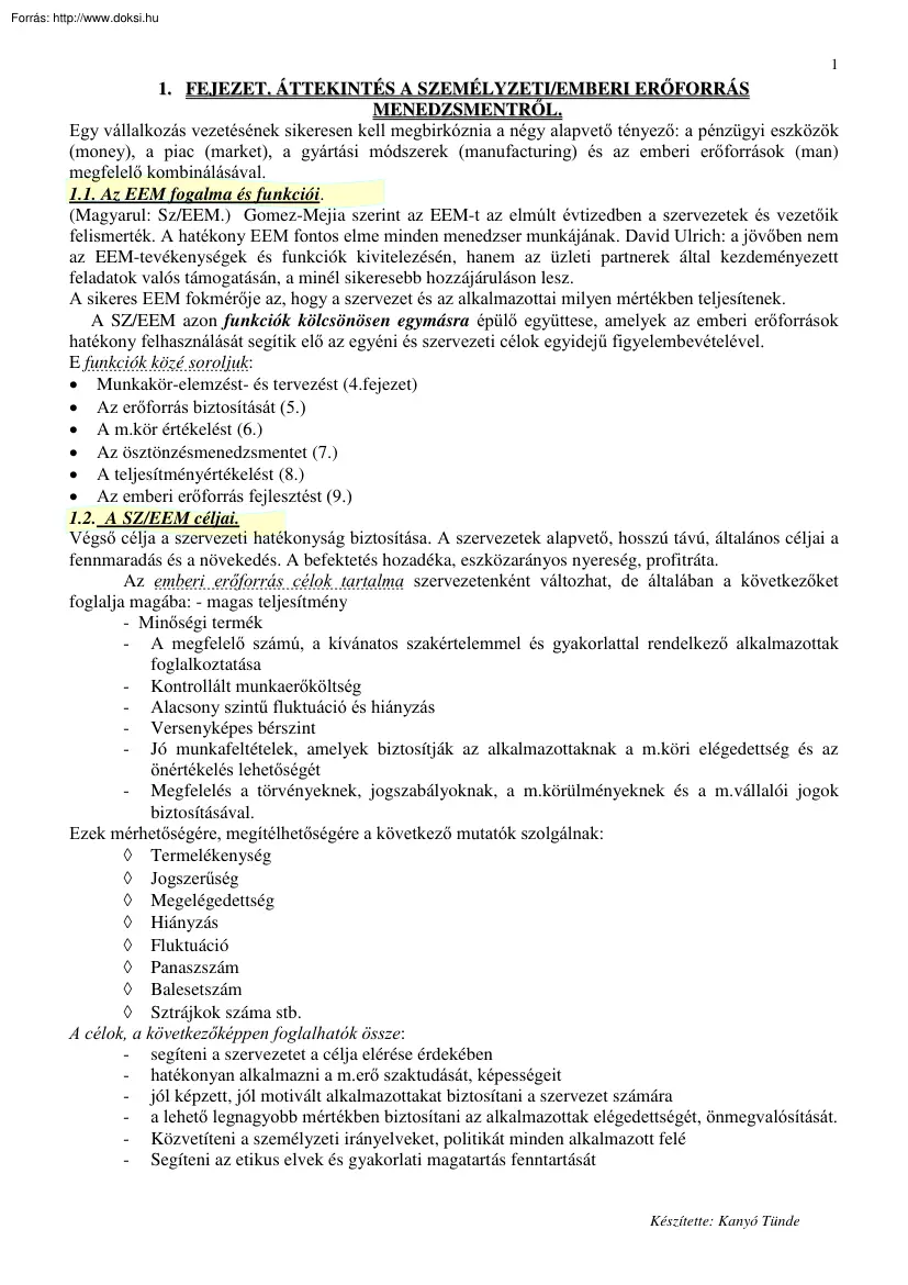 Kanyó Tünde - Emberi erőforrás-menedzsment tételek