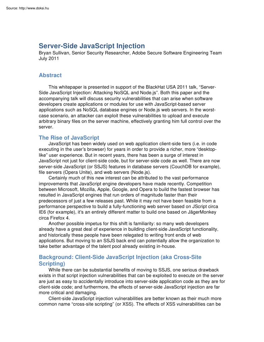 Bryan Sullivan - Server side JavaScript injection