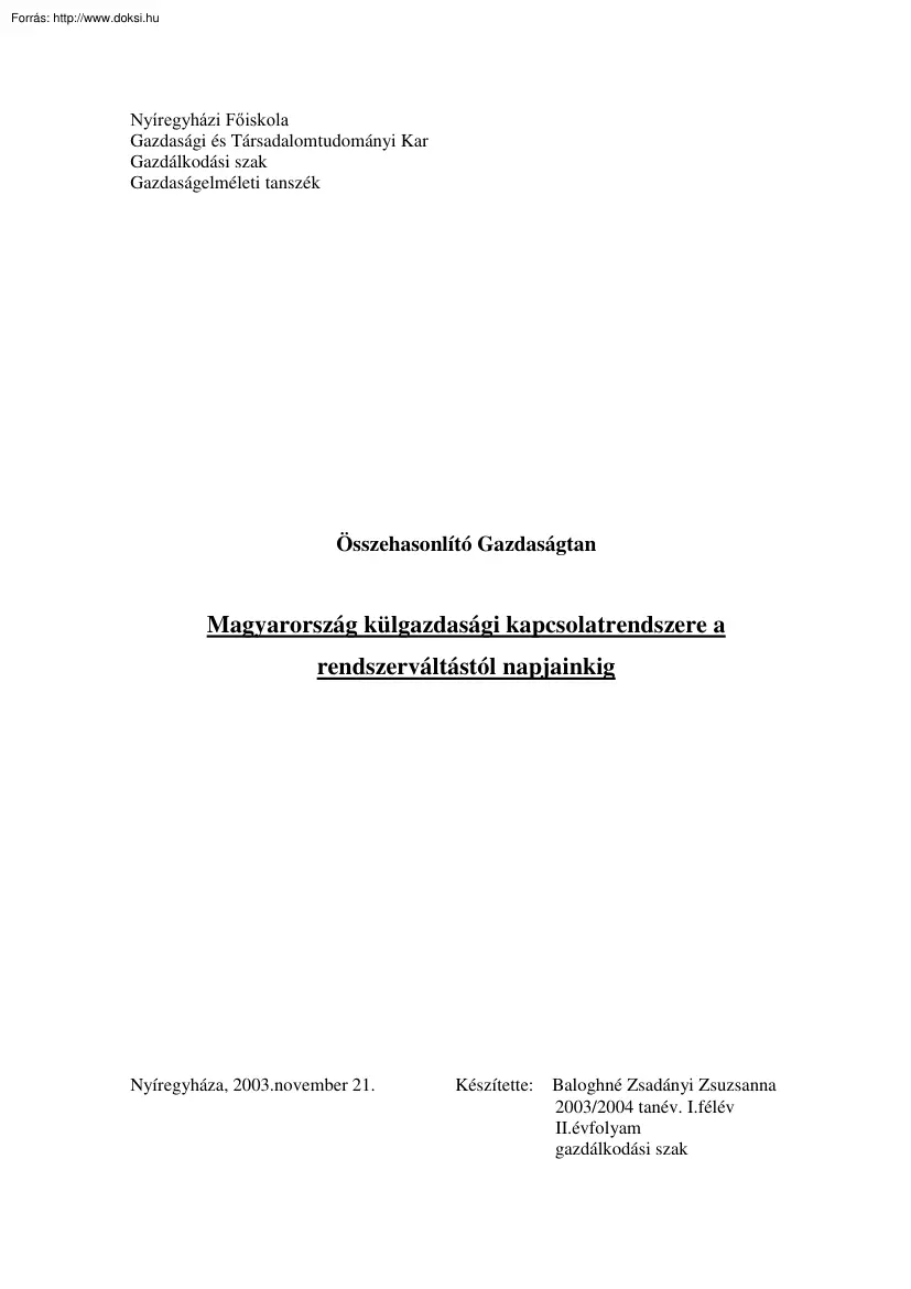 Baloghné Zsadányi Zsuzsanna - Magyarország külgazdasági kapcsolatrendszere a