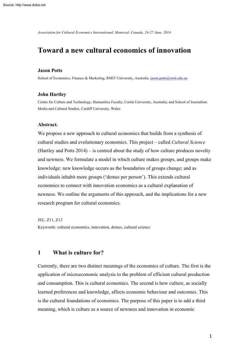 Potts-Hartley - Toward a New Cultural Economics of Innovation
