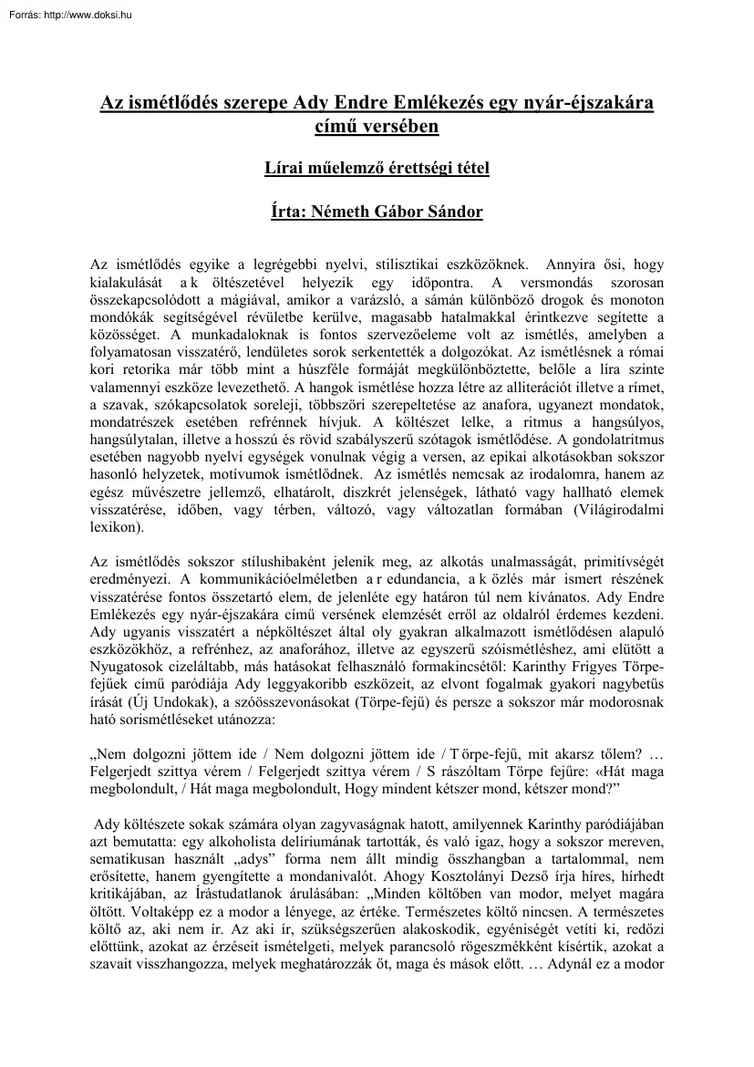 Németh Gábor Sándor - Az ismétlődés szerepe Ady Endre Emlékezés egy nyár-éjszakára