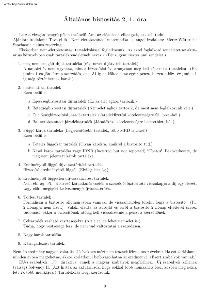 Általános biztosítás 2, 1. óra