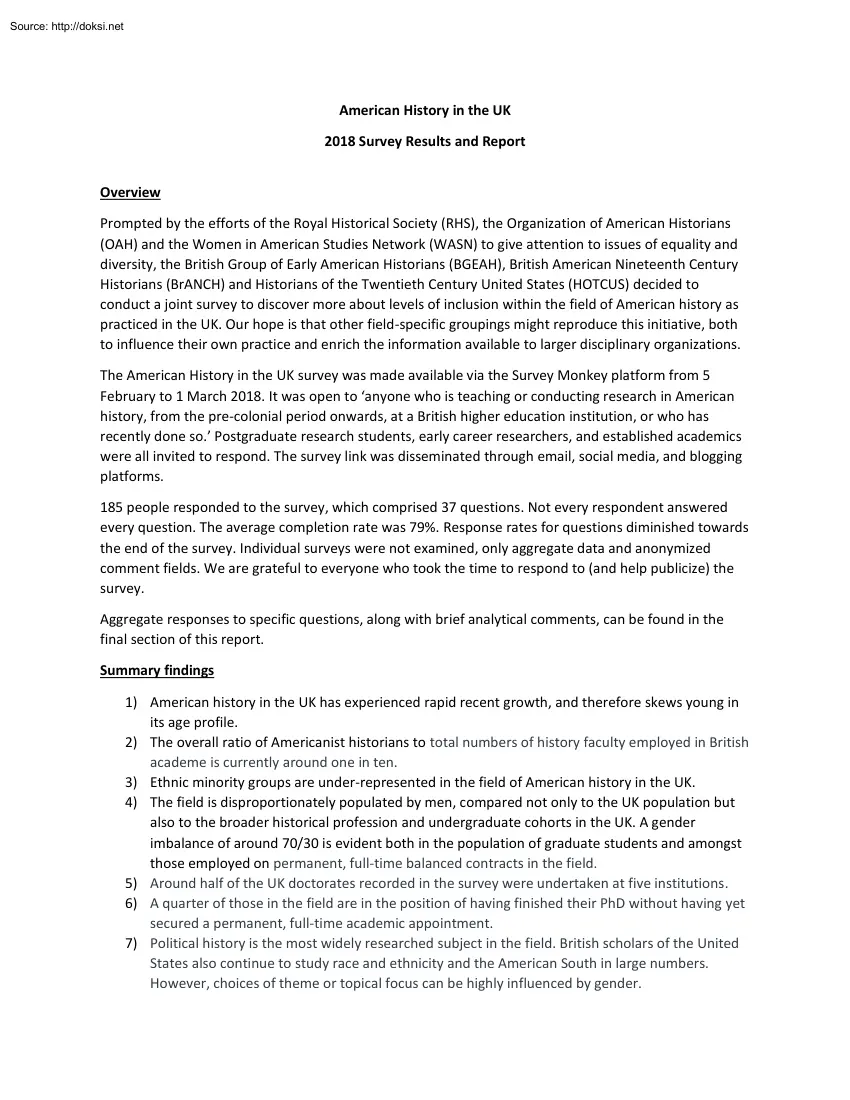 American History in the UK, 2018 Survey Results and Report