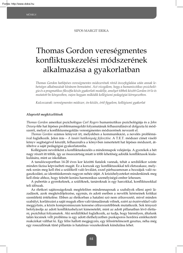 Sipos Margit Erika - Thomas Gordon vereségmentes konfliktuskezelési módszerének alkalmazása a