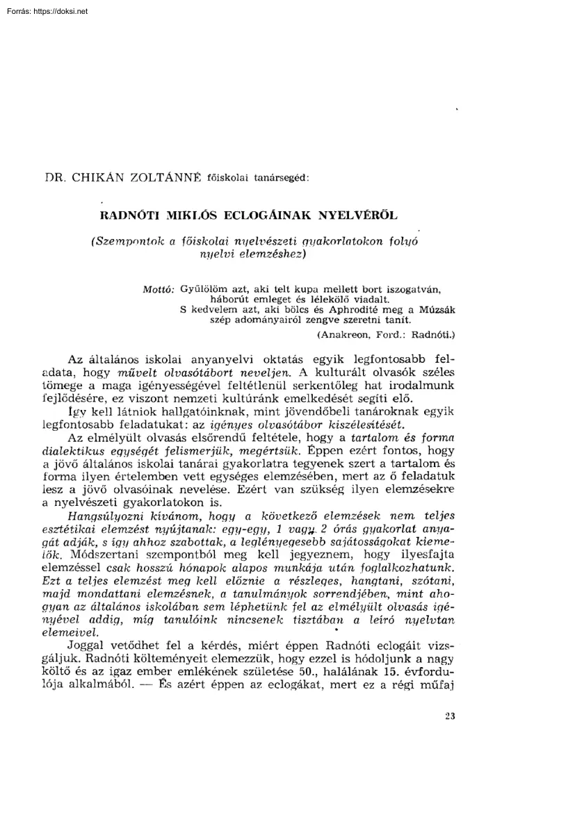 Dr. Chikán Zoltánné - Radnóti Miklós eclogának nyelvéről