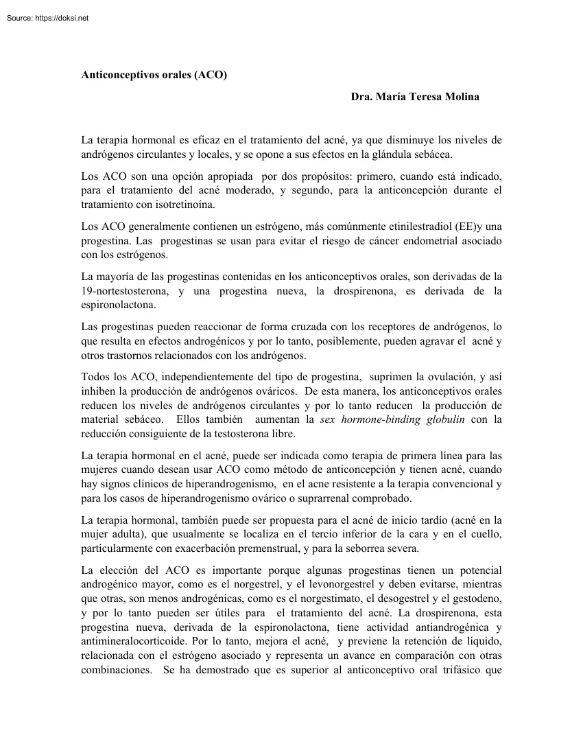 Dra. Maria Teresa Molina - Anticonceptivos Orales, ACO