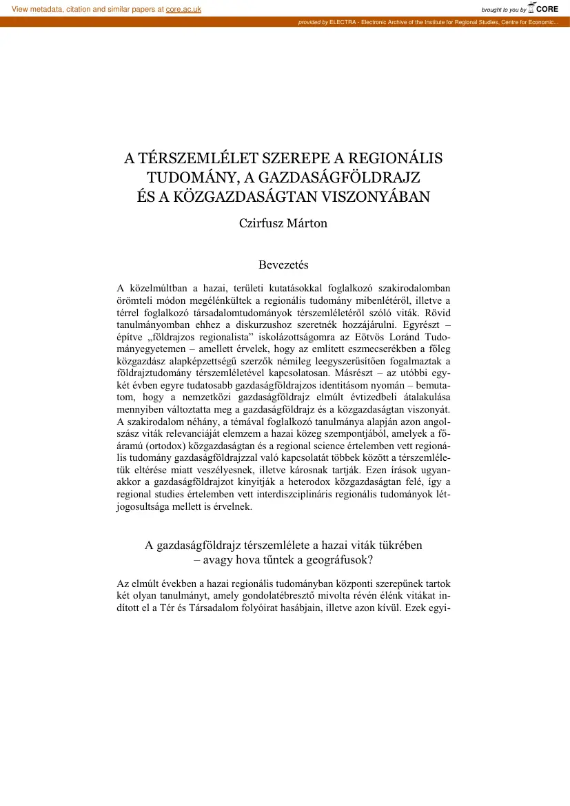 Czirfusz Márton - A térszemlélet szerepe a regionális tudomány, a gazdaságföldrajz és a
