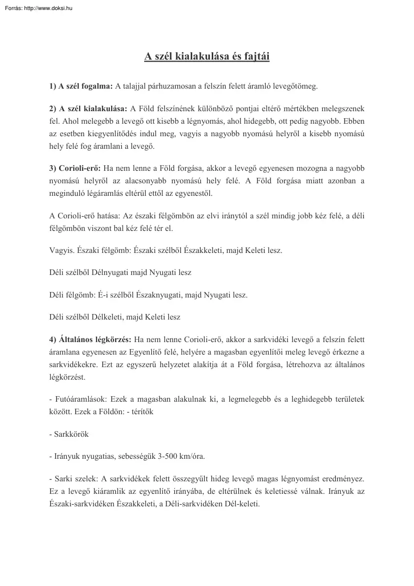 A szél kialakulása és fajtái