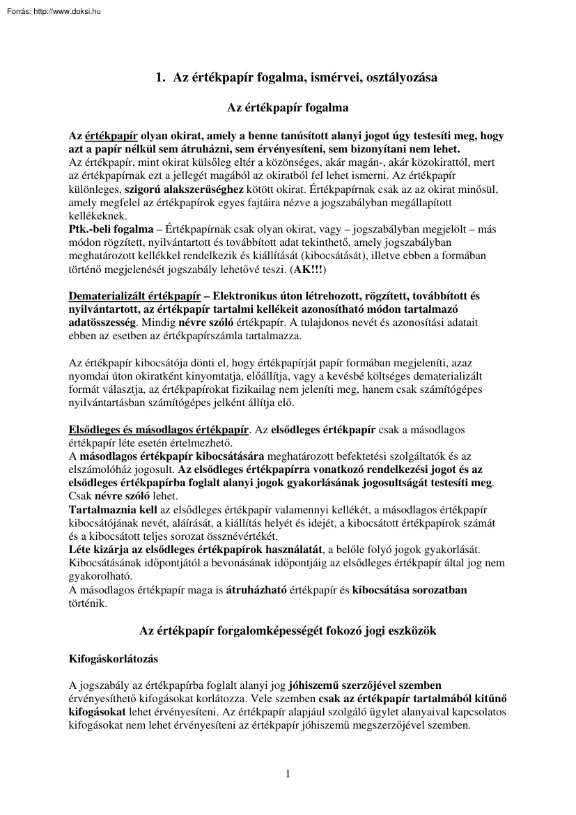 Értékpapírjog tételek