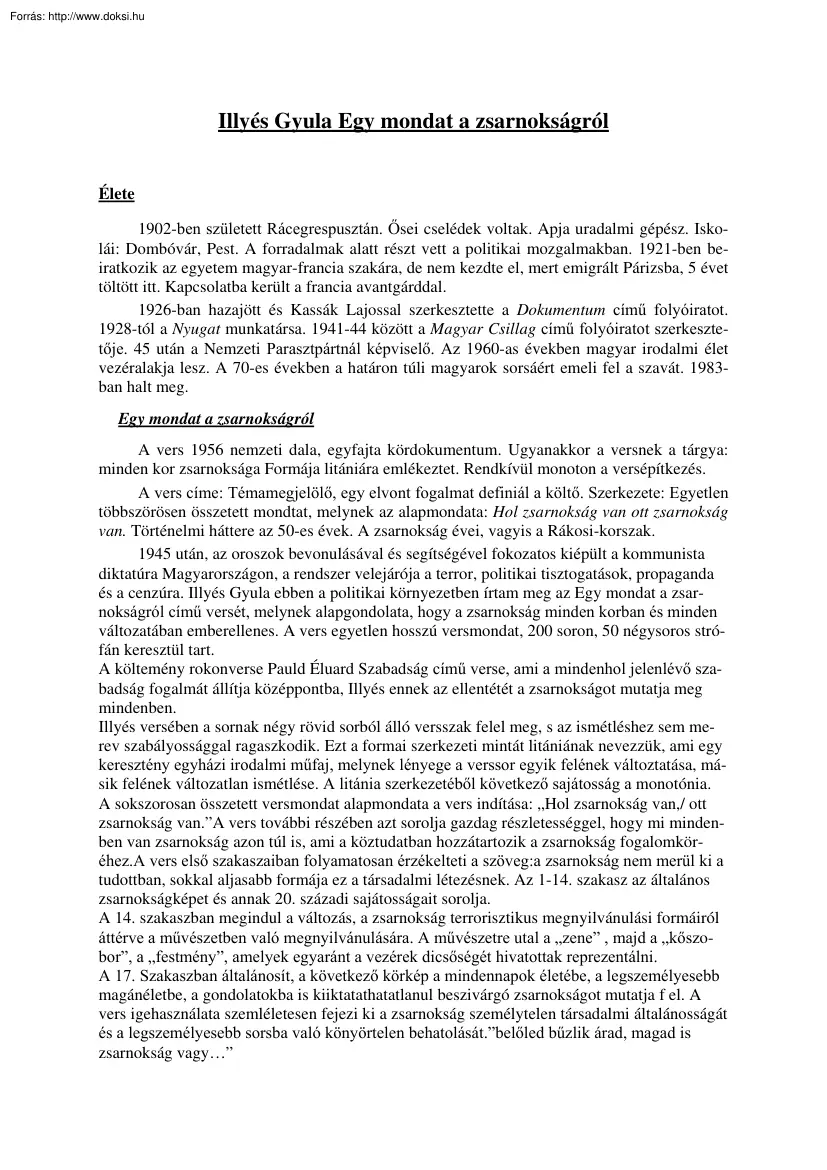 Illyés Gyula - Egy mondat a zsarnokságról, elemzés