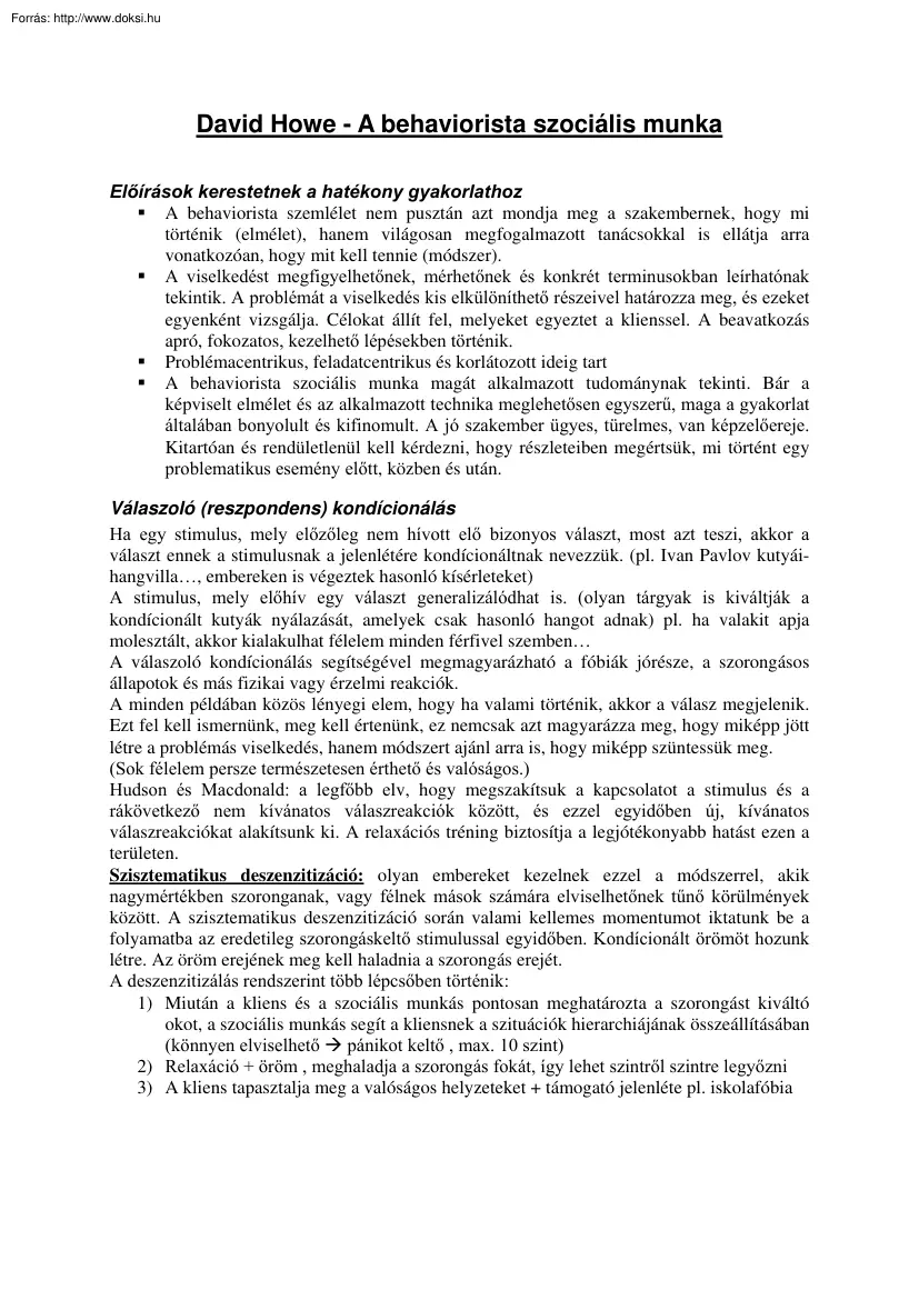 David Howe - A behaviorista szociális munka