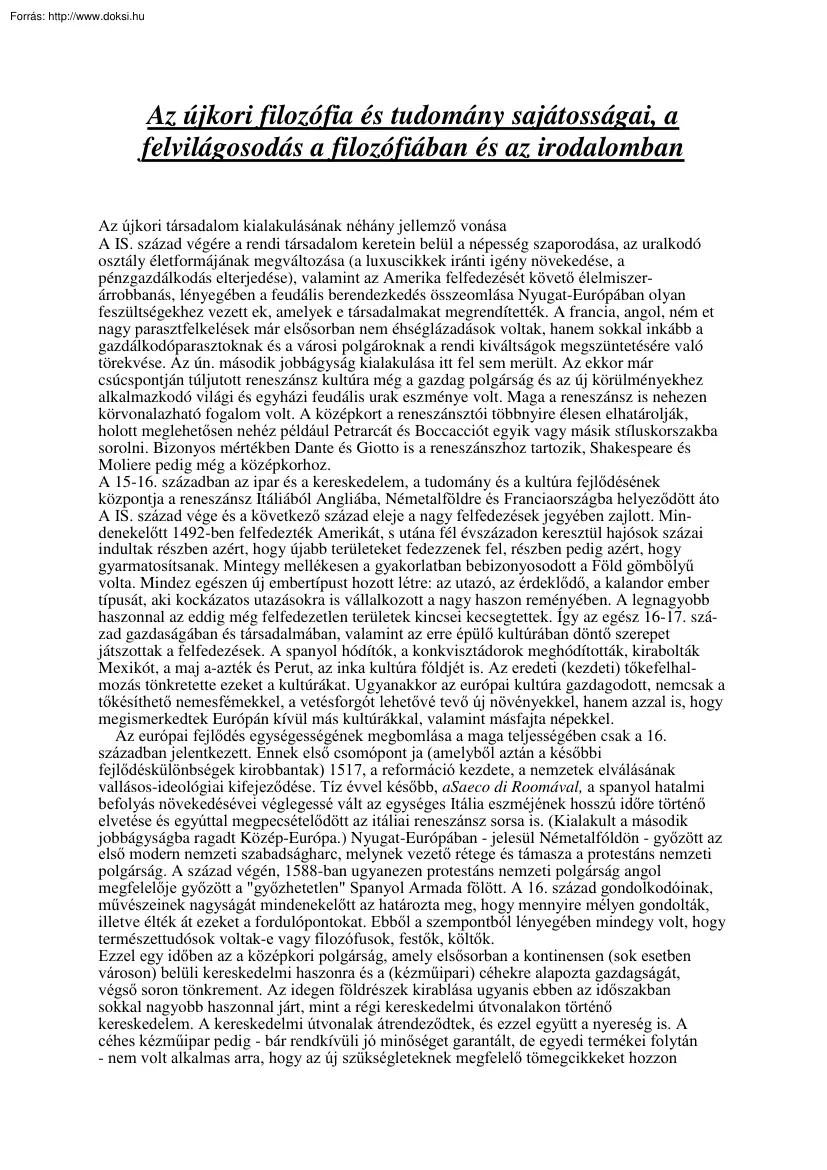 Az újkori filozófia és tudomány sajátosságai, a felvilágosodás a filozófiában és az
