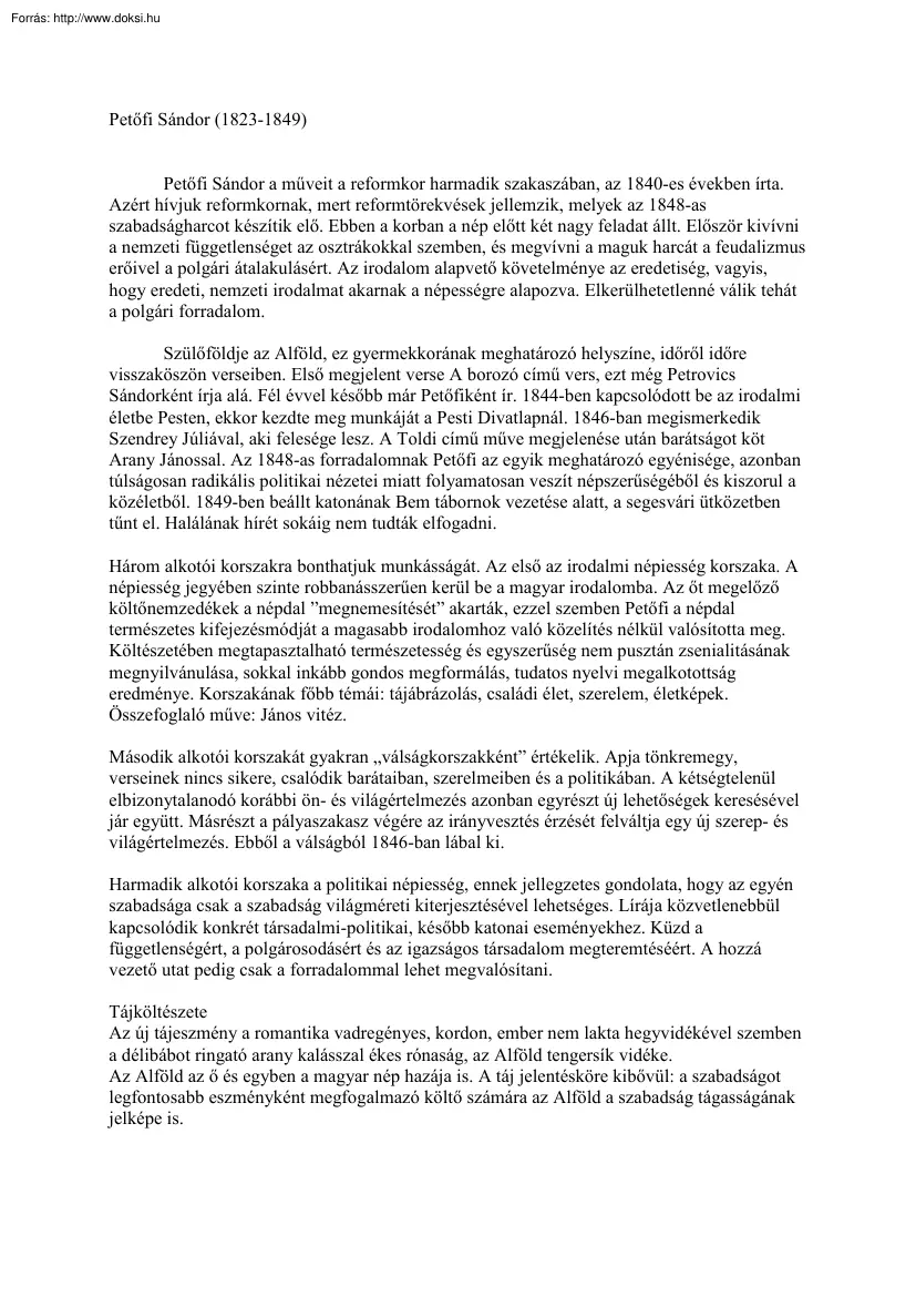 Petőfi Sándor tájábrázolása