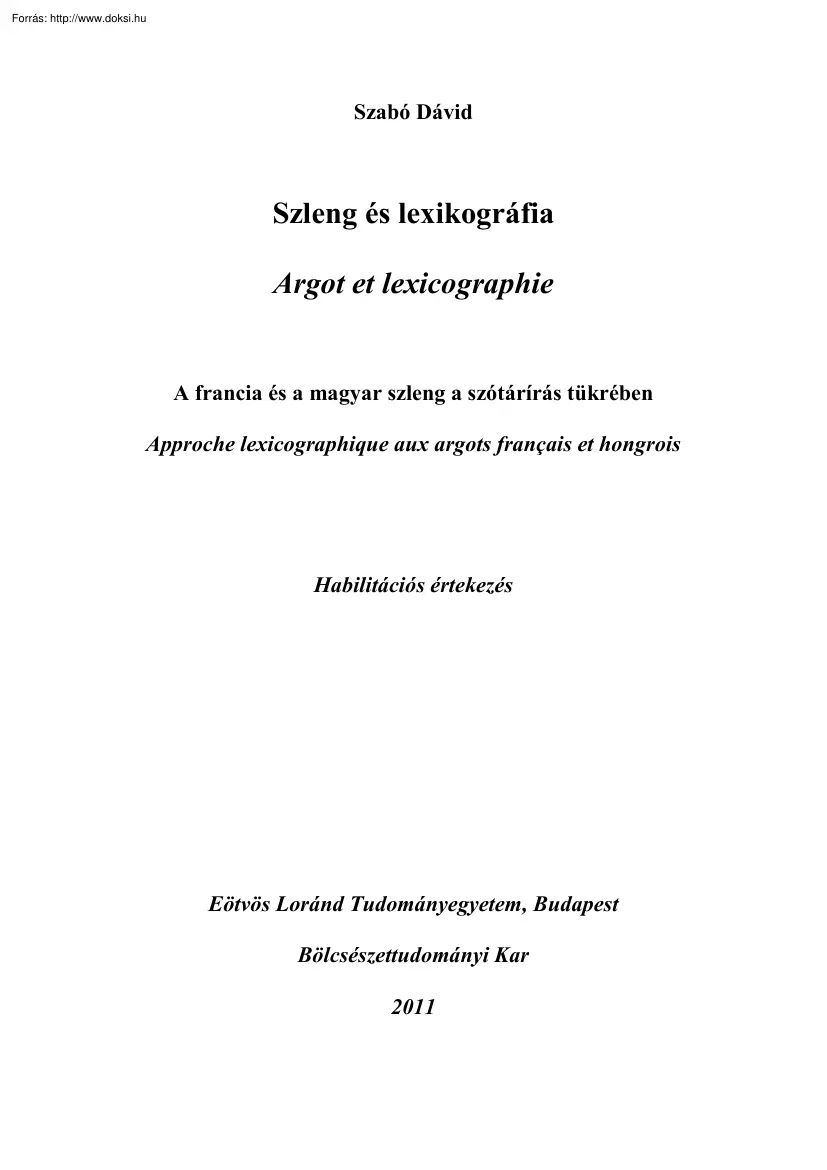 Szabó Dávid - Szleng és lexikográfia