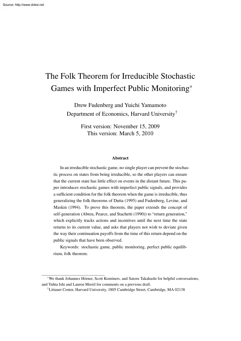 Fudenberg-Yamamoto - The Folk Theorem for Irreducible Stochastic Games with Imperfect Public