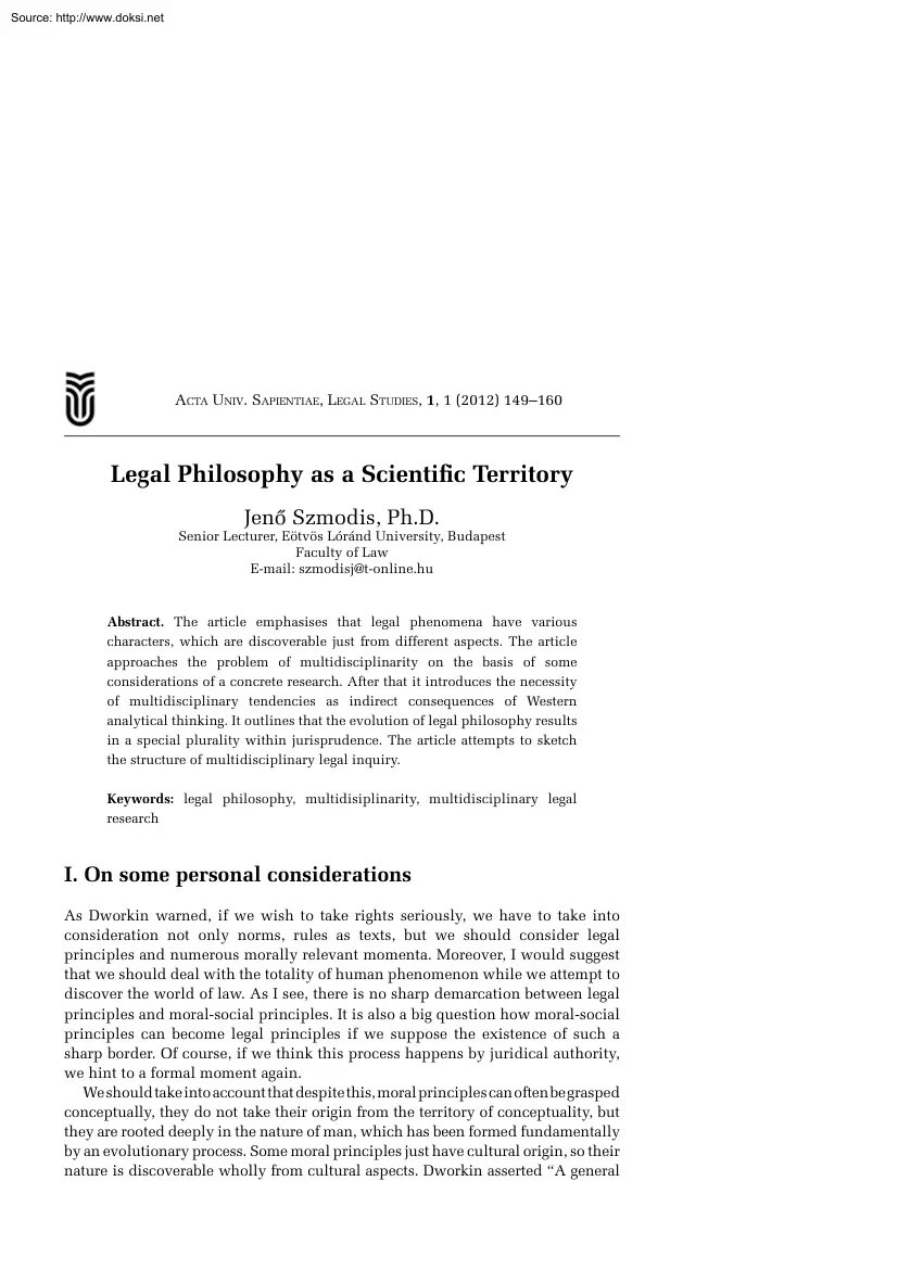 Jenő Szmodis - Legal Philosophy as a Scientific Territory