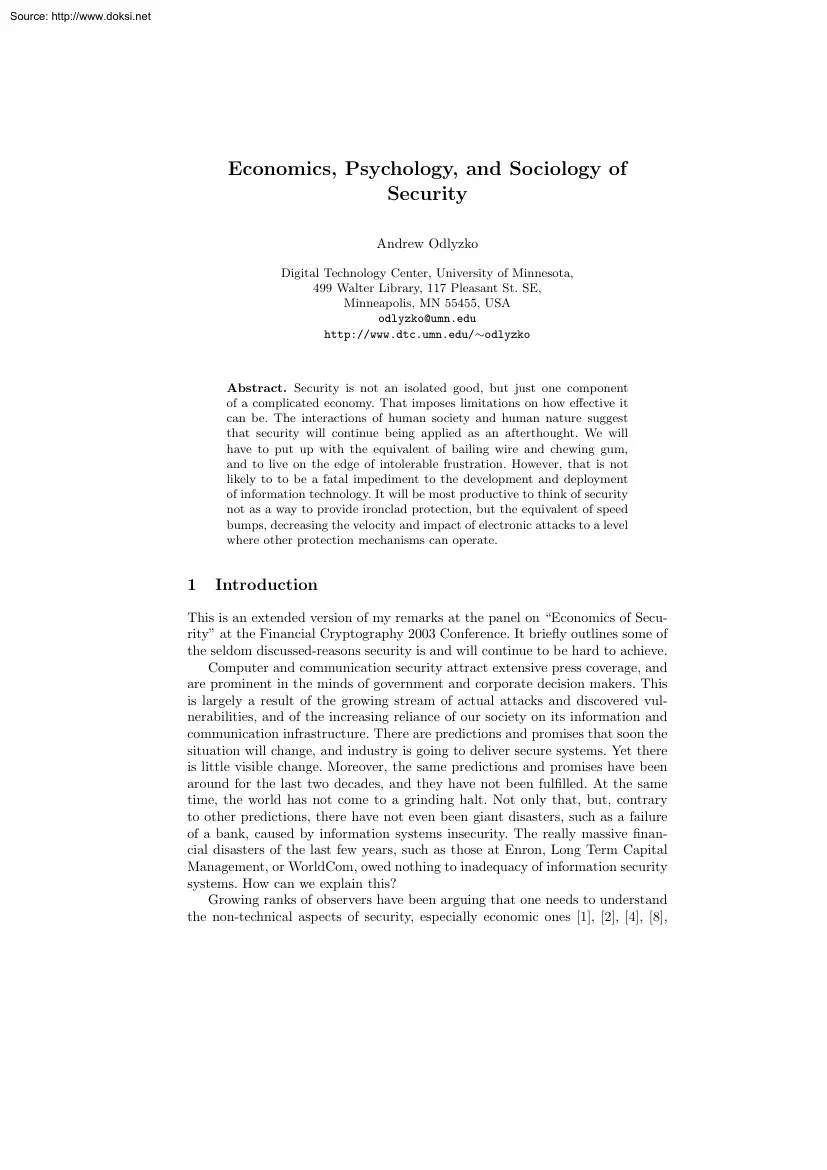 Andrew Odlyzko - Economics, Psychology, and Sociology of Security