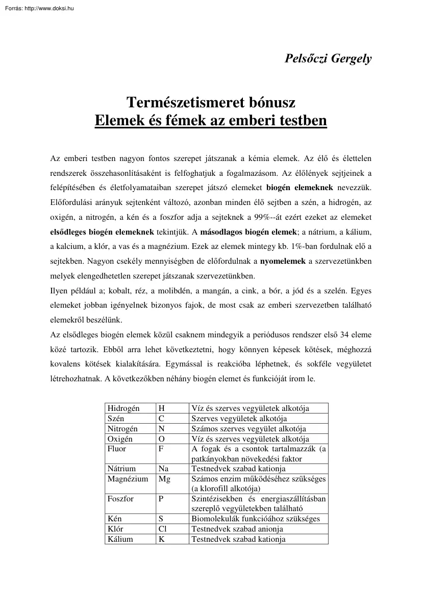 Pelsőczi Gergely - Elemek és fémek az emberi testben