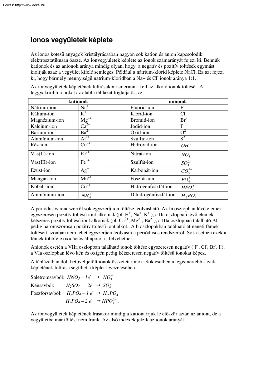 Ionos vegyületek képlete