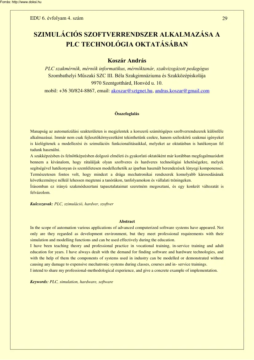Koszár András - Szimulációs szoftverrendszer alkalmazása a PLC technológia oktatásában