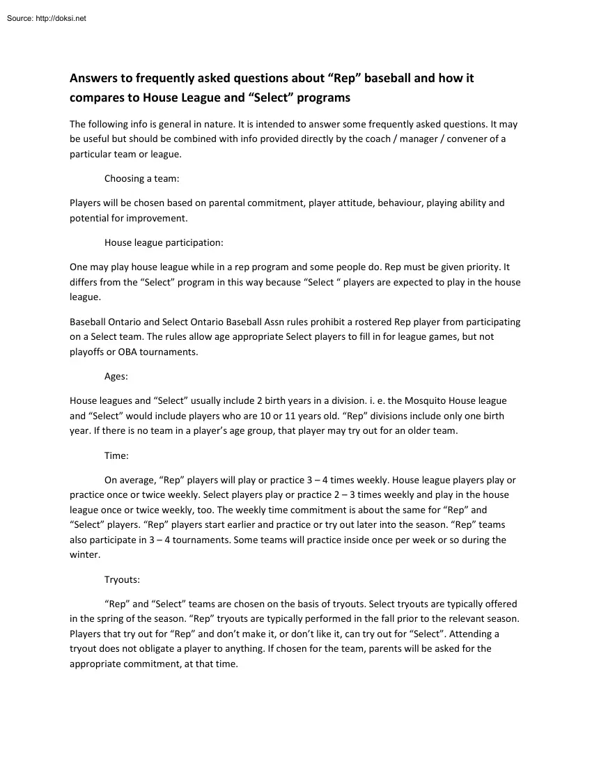 Answers to Frequently Asked Questions about Rep Baseball and how it Compares to House League and