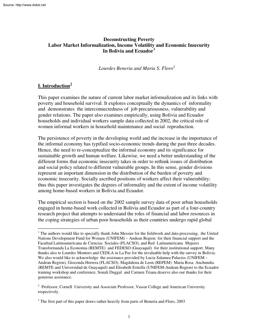 Beneria-Floro - Labor Market Informalization, Income Volatility and Economic Insecurity In Bolivia