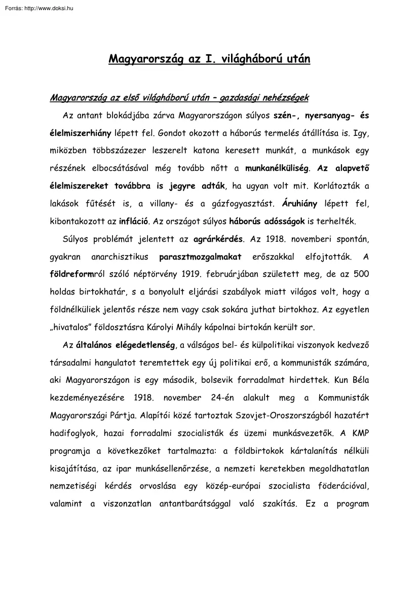 Magyarország az I. világháború után