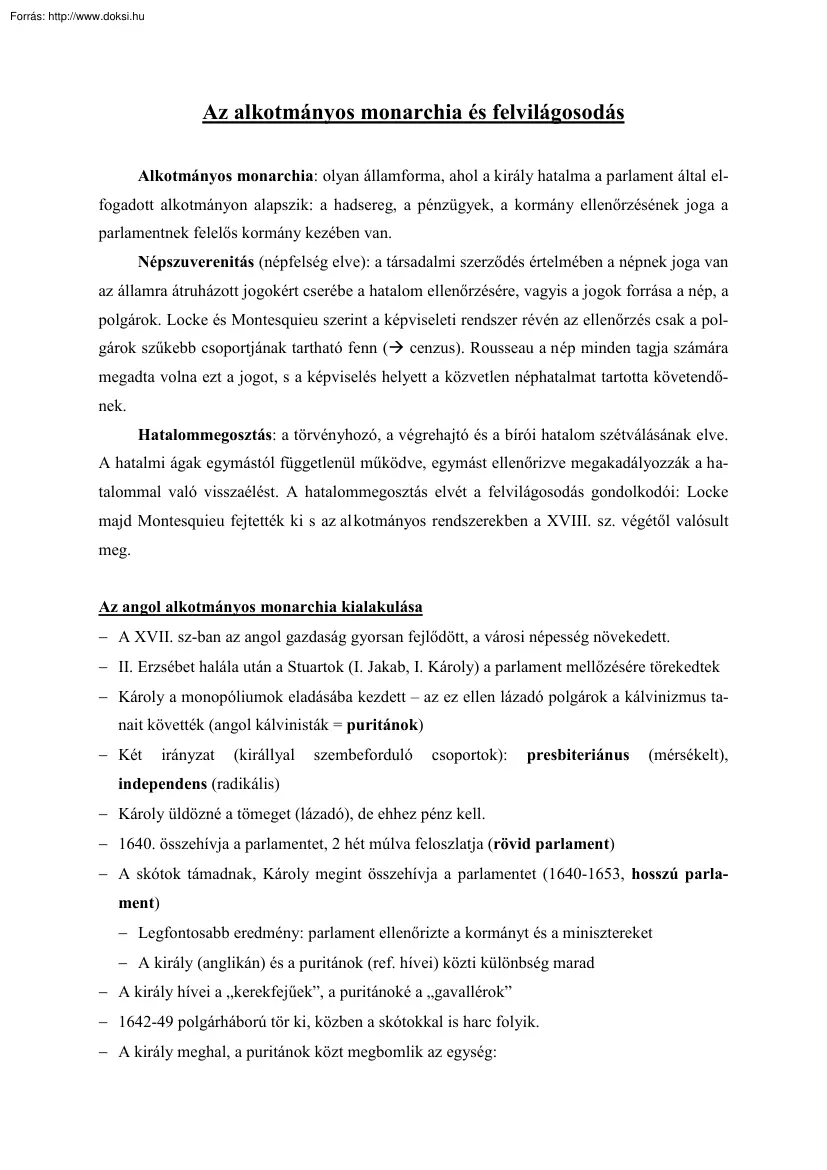 Az alkotmányos monarchia és felvilágosodás
