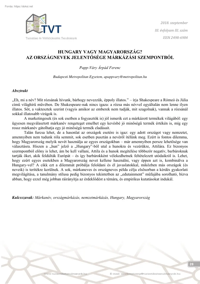 Papp-Váry Árpád Ferenc - Hungary vagy Magyarország, az országnevek jelentősége márkázási