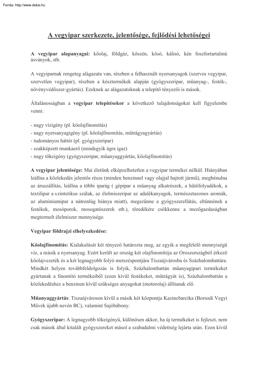 A vegyipar szerkezete, jelentősége, fejlődési lehetőségei