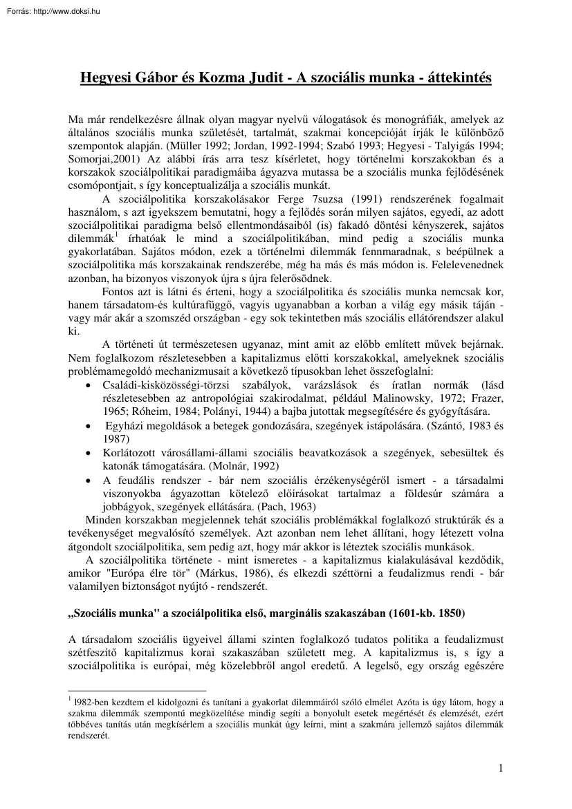Hegyesi-Kozma - A szociális munka, áttekintés