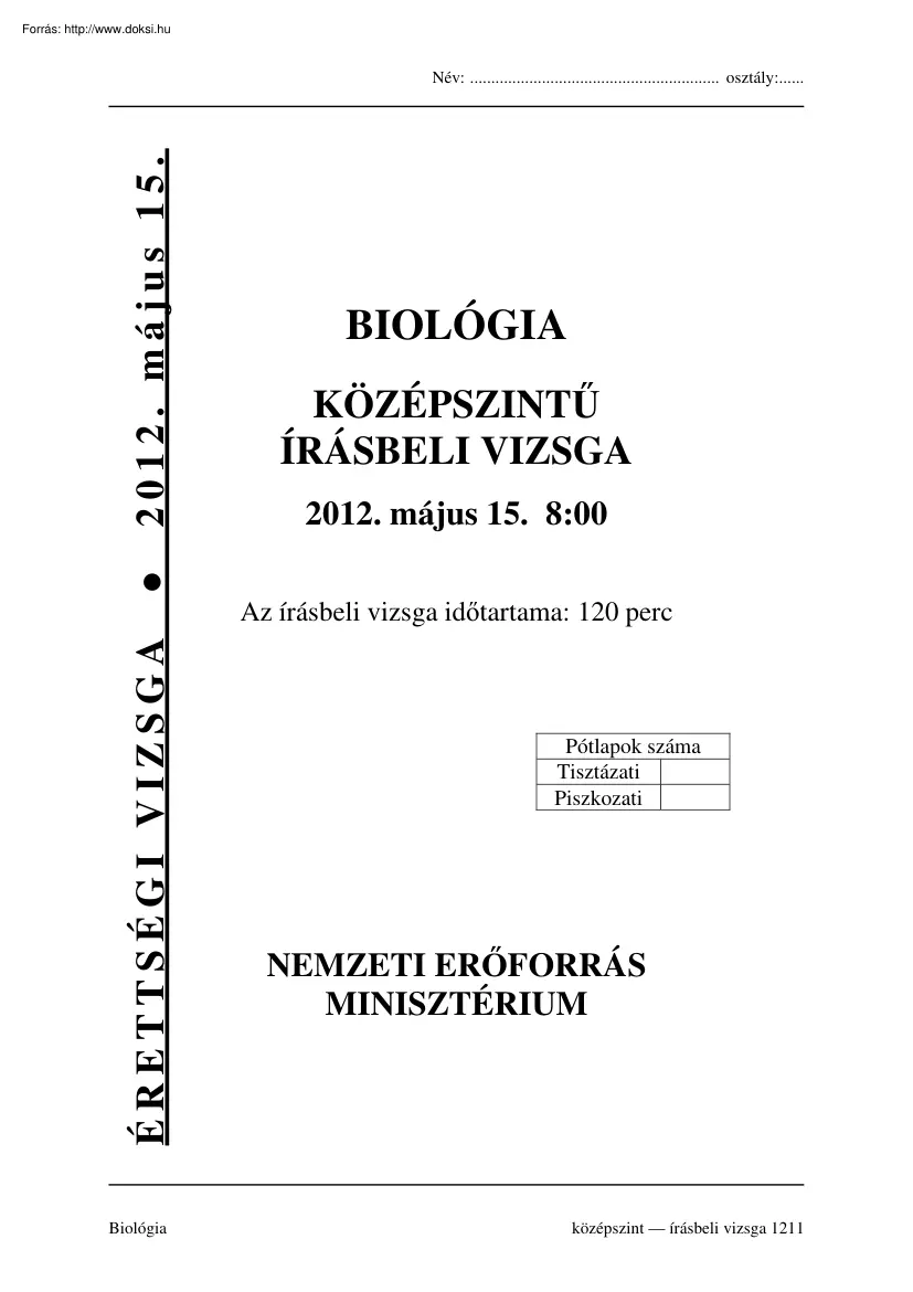 Biológia középszintű írásbeli érettségi vizsga megoldással, 2012