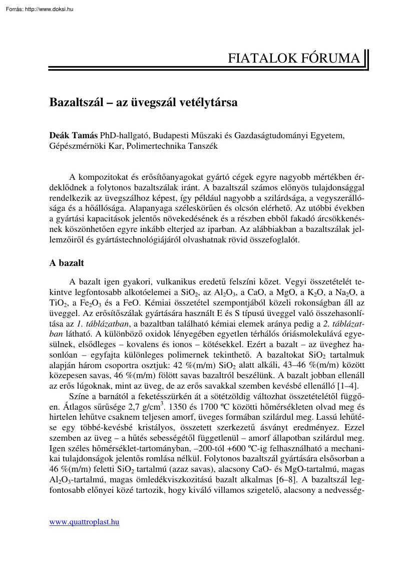 Deák Tamás - Bazaltszál, az üvegszál vetélytársa