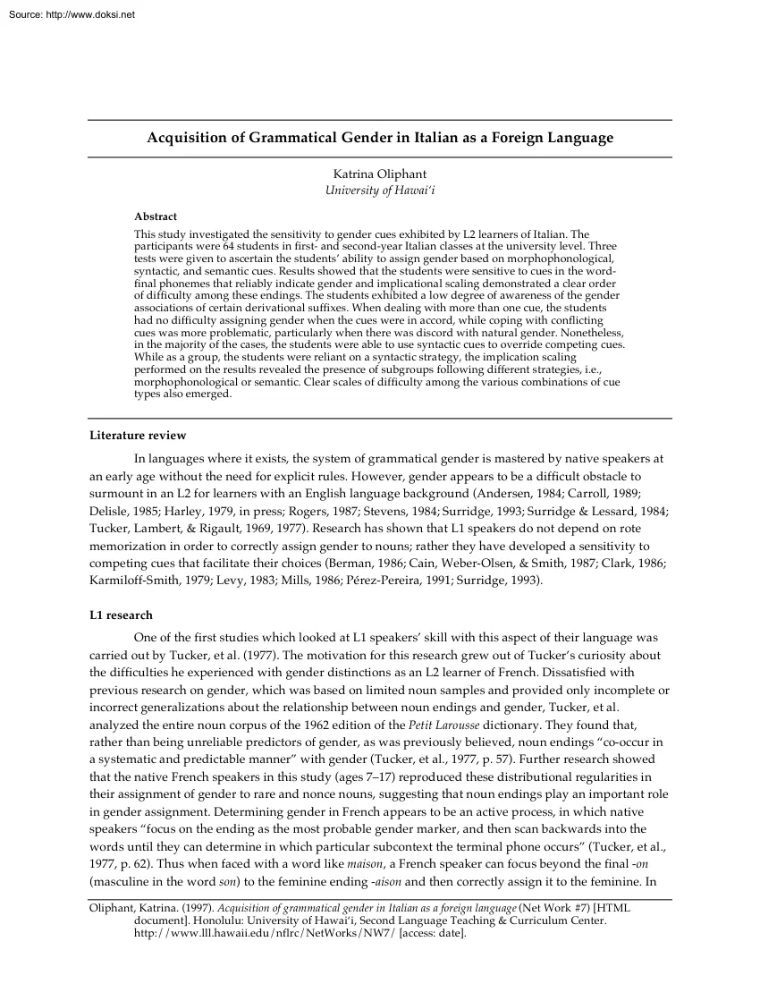 Katrina Oliphant - Acquisition of Grammatical Gender in Italian as a Foreign Language