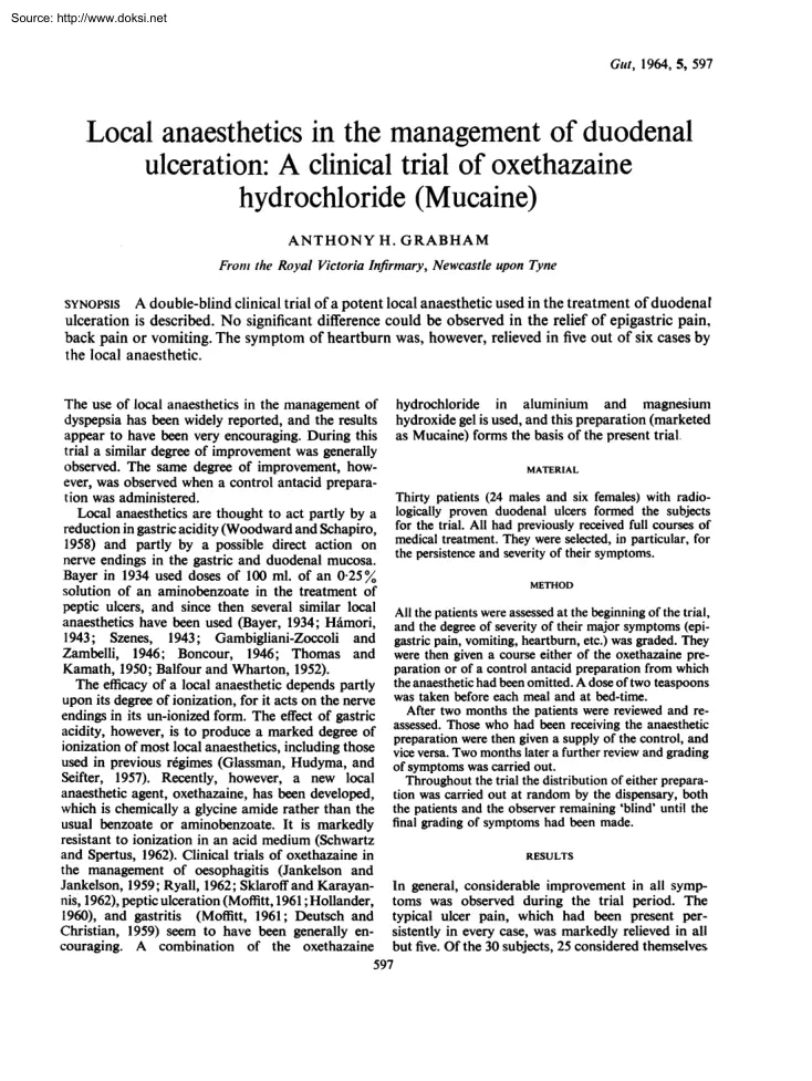 Anthony H. Grabham - Local Anaesthetics in the Management of Duodenal Ulceration, A Clinical Trial