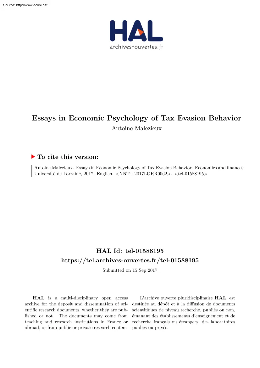 Antoine Malezieux - Essays in Economic Psychology of Tax Evasion Behavior