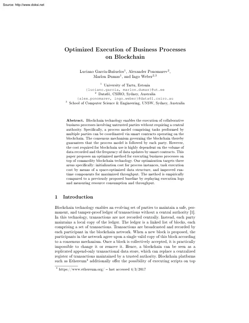 Banuelos-Ponomarev-Dumas - Optimized Execution of Business Processes on Blockchain