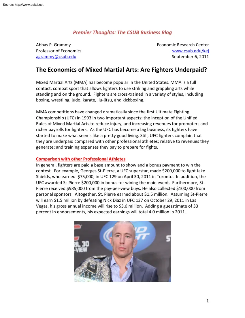 Abbas P. Grammy - The Economics of Mixed Martial Arts, Are Fighters Underpaid