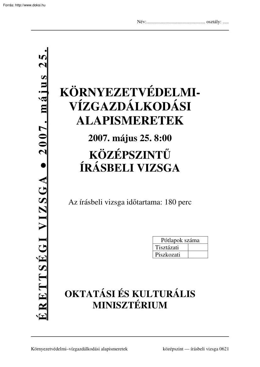 Környezetvédelmi-vízgazdálkodási alapismeretek középszintű írásbeli érettségi vizsga