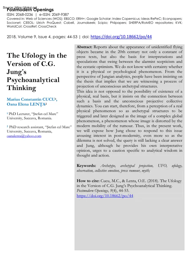 Constantin-Elena - The Ufology in the Version of C.G. Jungs Psychoanalytical Thinking