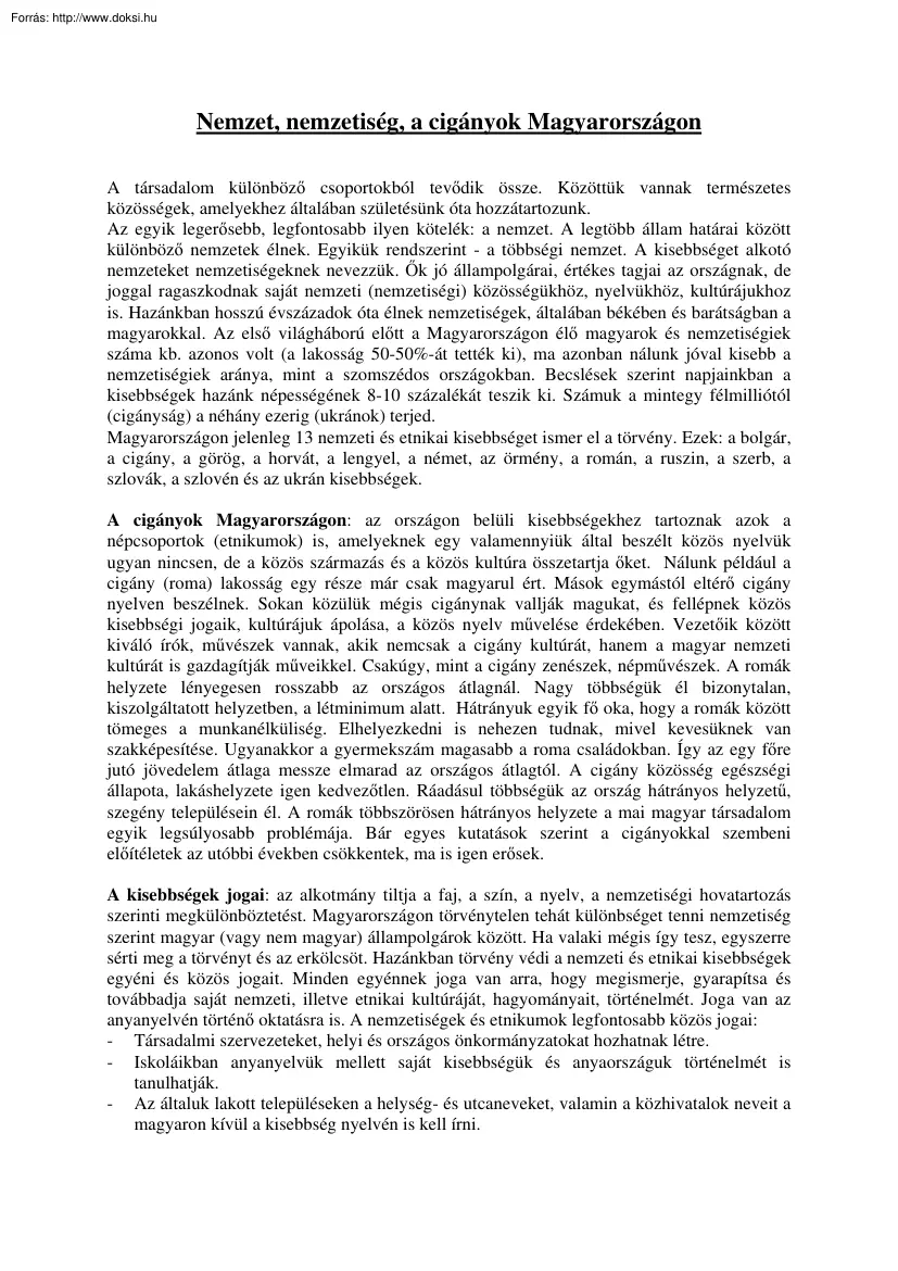 Nemzet, nemzetiség, a cigányok Magyarországon