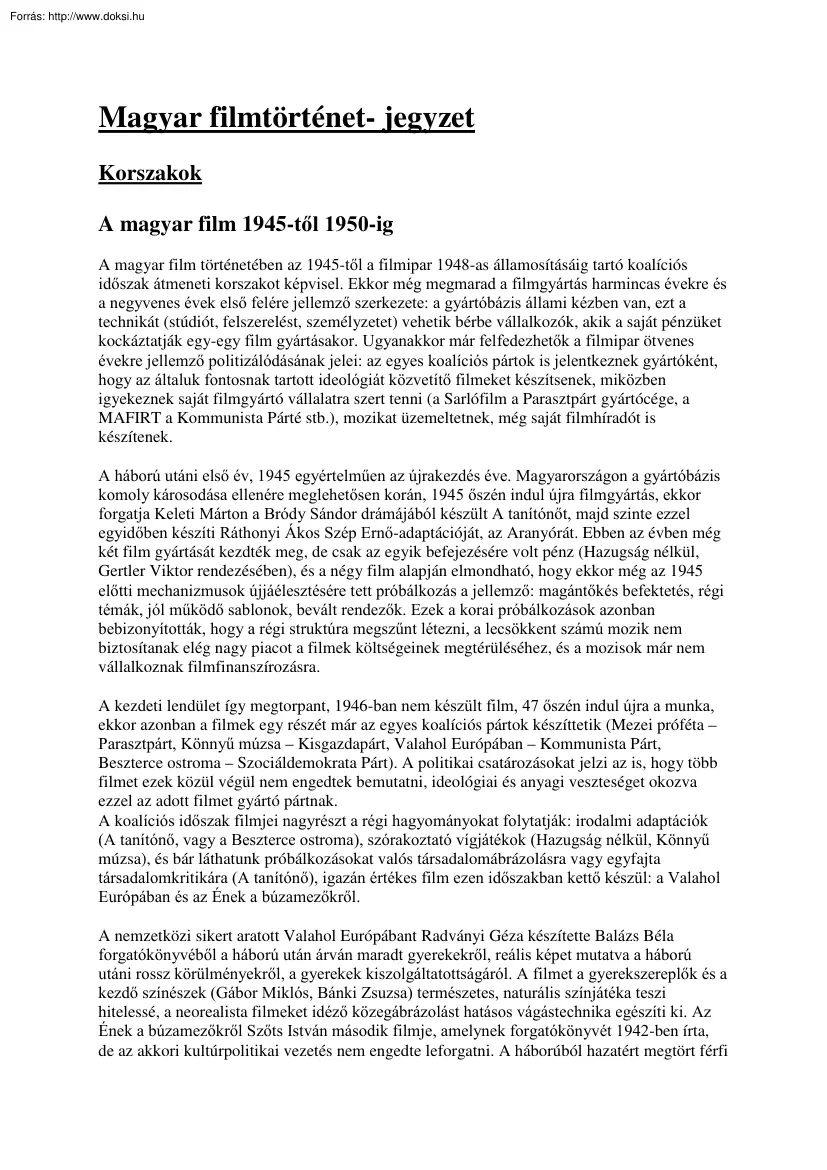 Magyar filmtörténet jegyzet