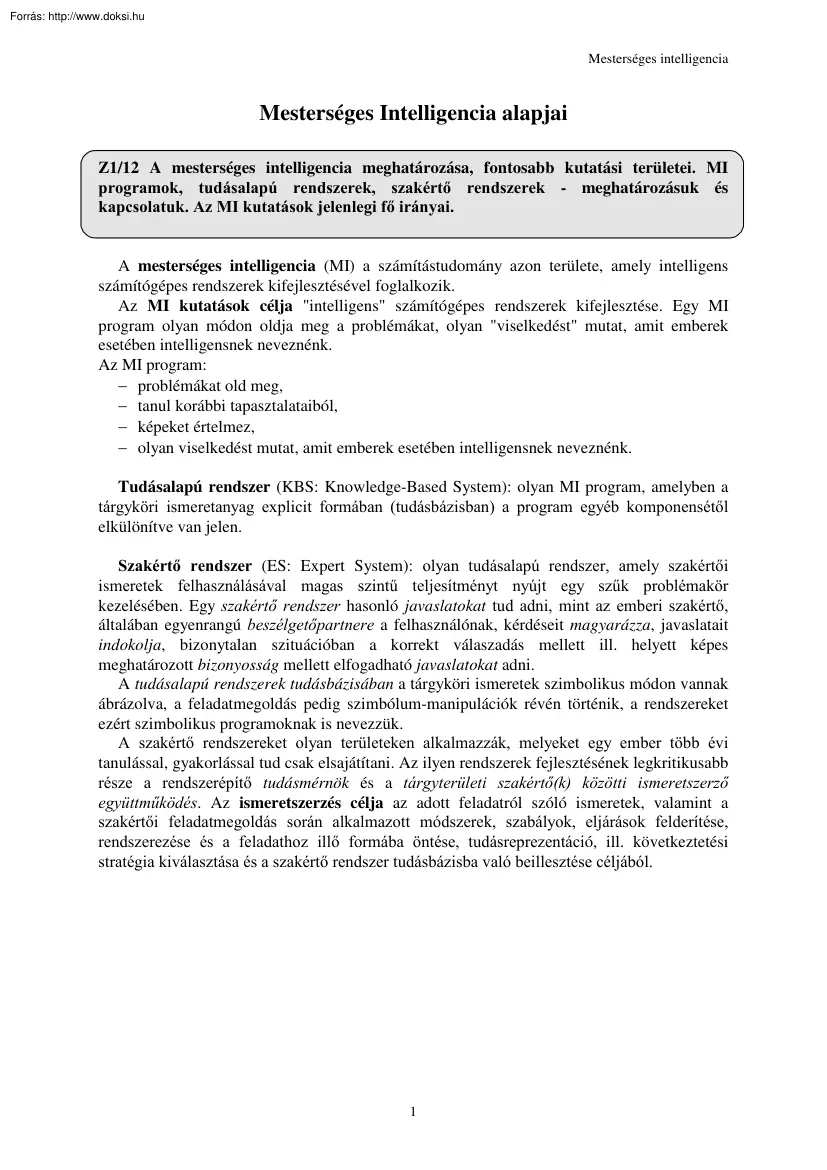 A mesterséges intelligencia alapjai tételek, 2001