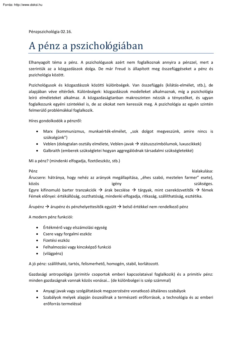 A pénz a pszichológiában